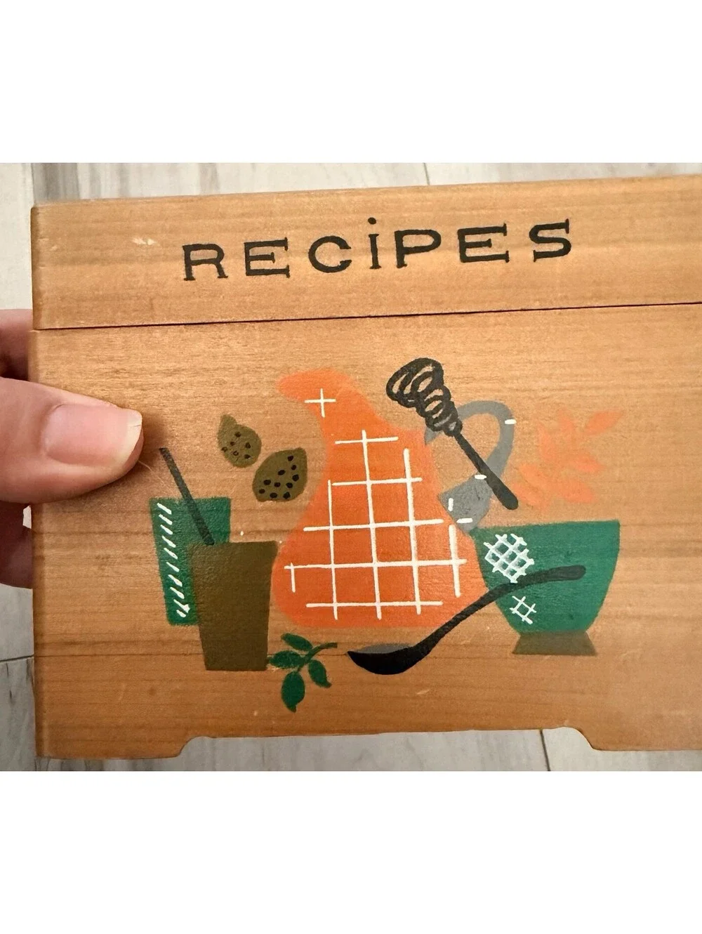 Wooden Recipe Box Vintage MCM Nevco Japan Kitchen Scene